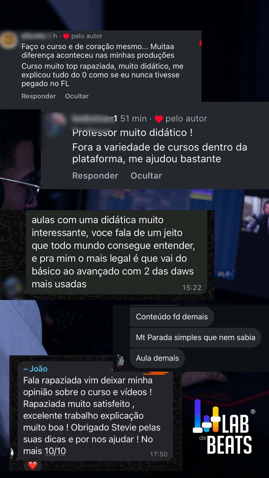 Prints de comentários e mensagens reais de alunos do Laboratório de Beats